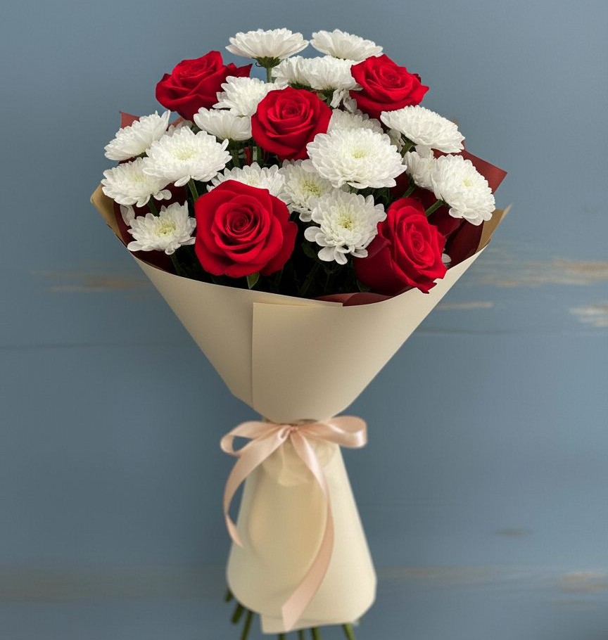 Букет цветов из: Розы и Хризантемы в Медвежьи Озера