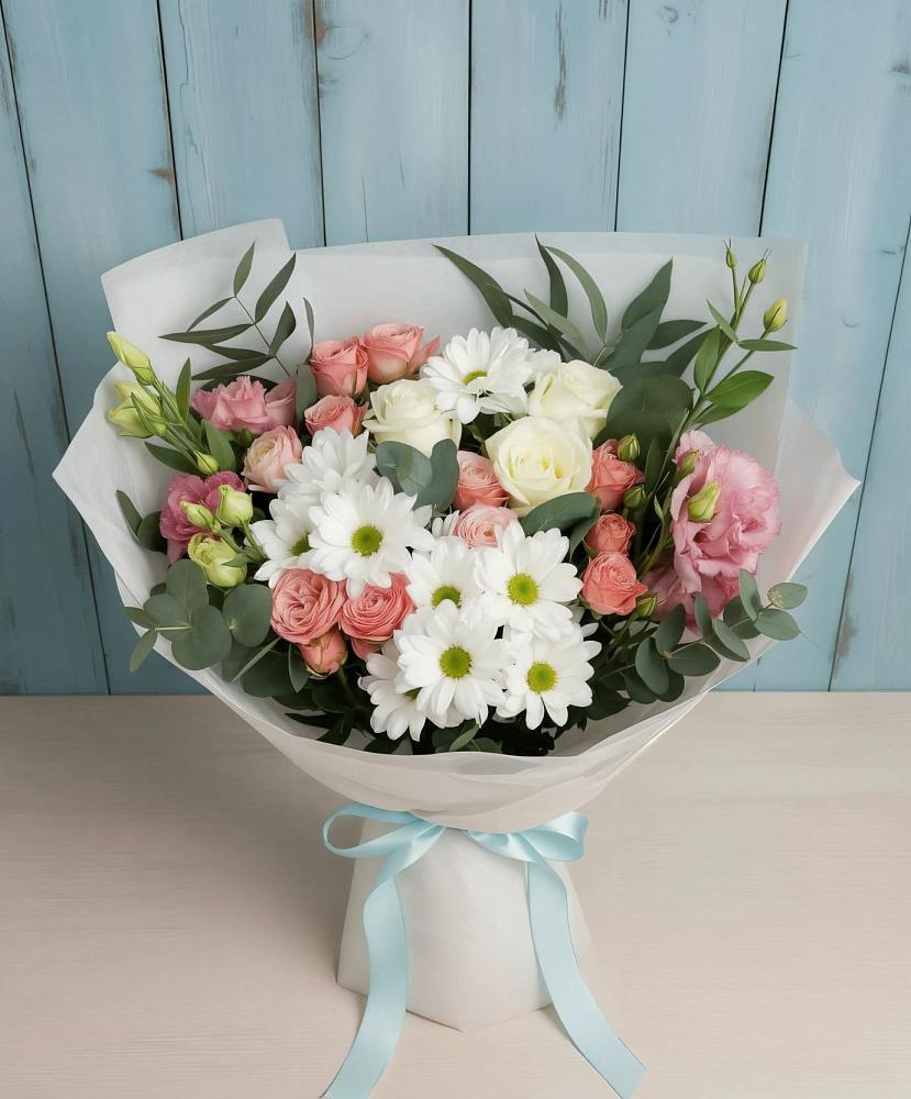 Букет цветов из: Розы, Лизиантусы и Хризантемы в Медвежьи Озера