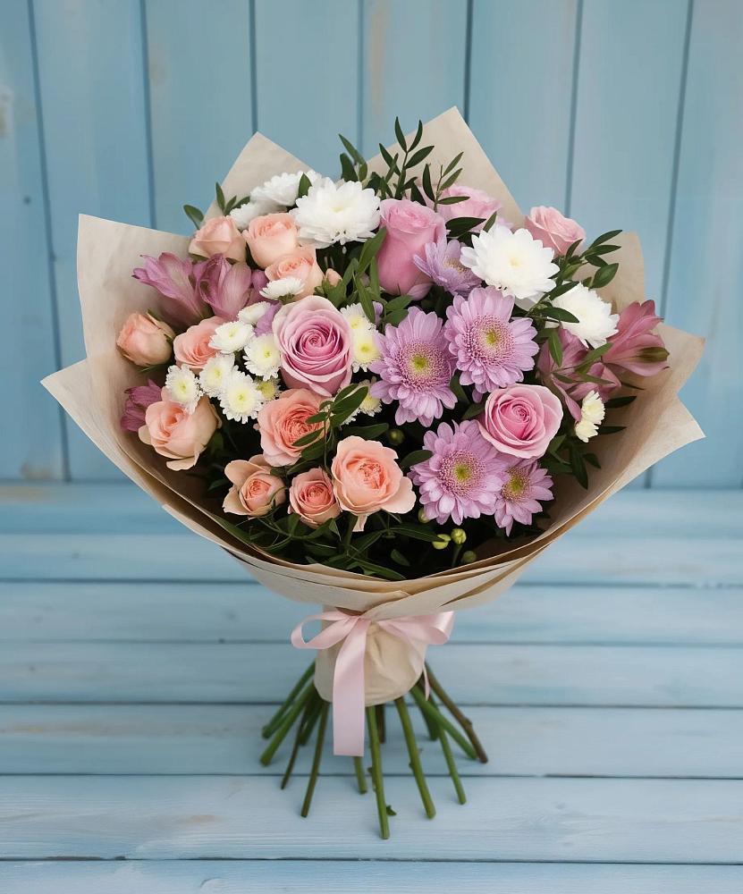 Букет цветов из: Хризантемы, Розы и Альстромерии в Медвежьи Озера