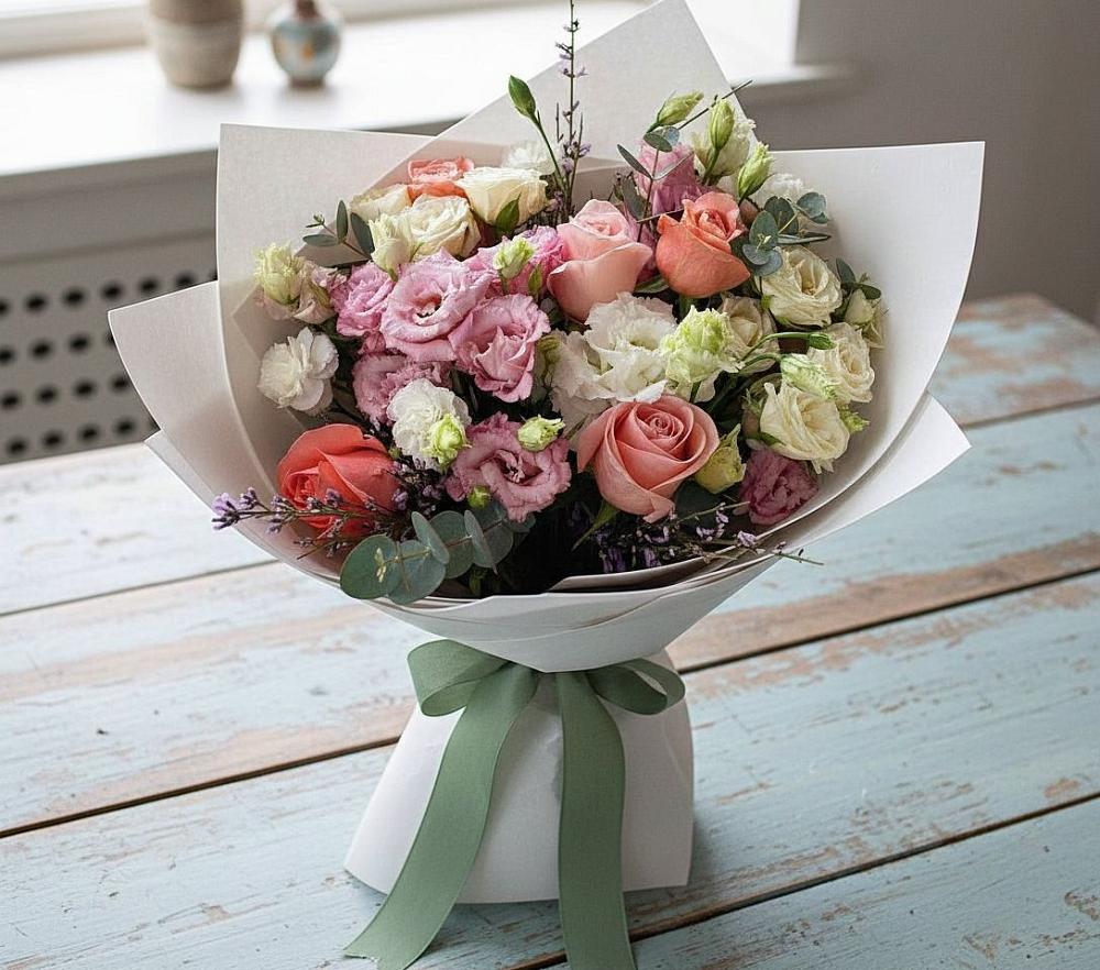 Букет цветов из: Розы, Лизиантусы и Гвоздики в Медвежьи Озера