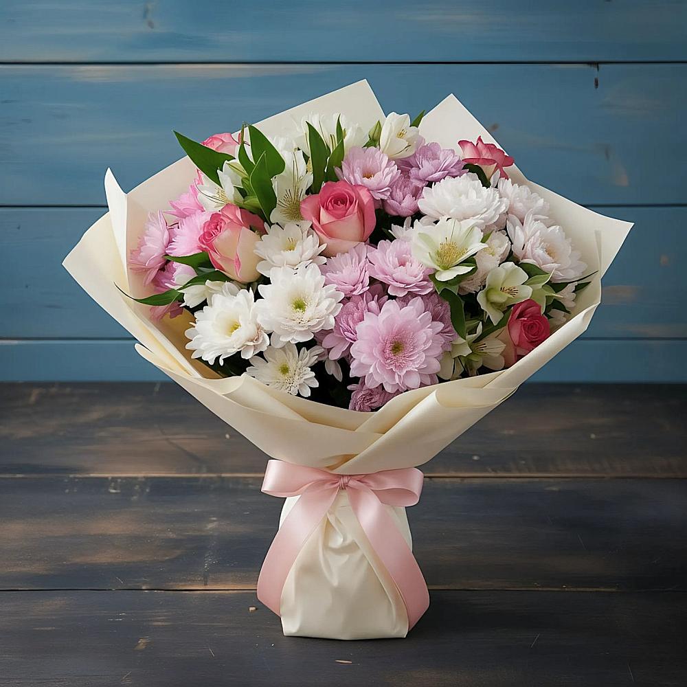 Букет цветов из: Хризантемы, Альстромерии и Розы в Медвежьи Озера